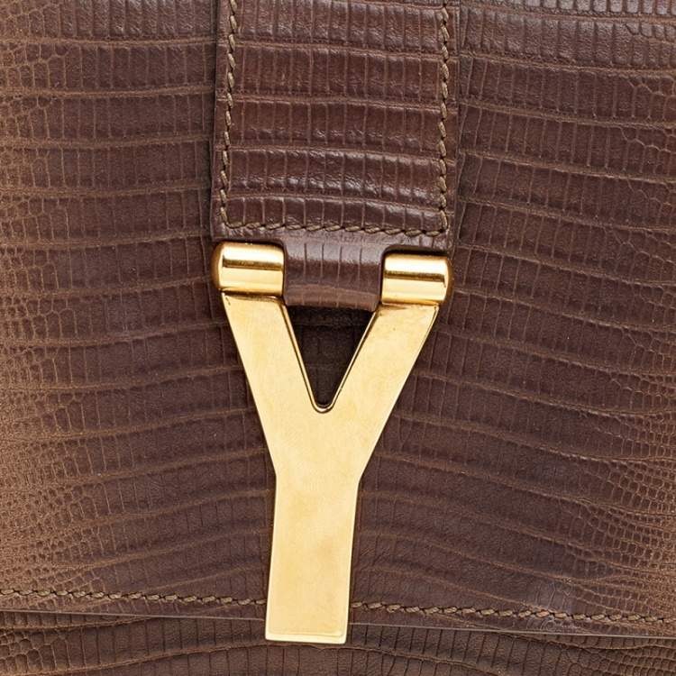 Pre Owned Yves Saint Laurent Brown Lizard Embossed Leather Y-Ligne Clutch