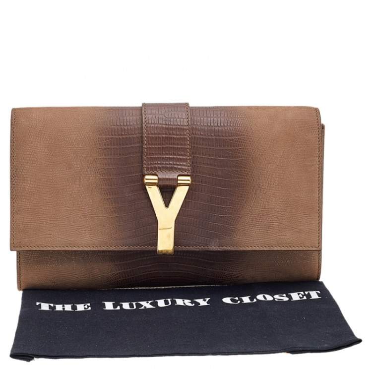 Pre Owned Yves Saint Laurent Brown Lizard Embossed Leather Y-Ligne Clutch