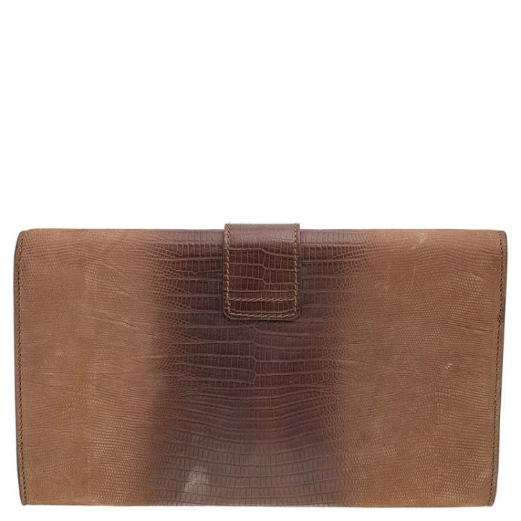 Pre Owned Yves Saint Laurent Brown Lizard Embossed Leather Y-Ligne Clutch