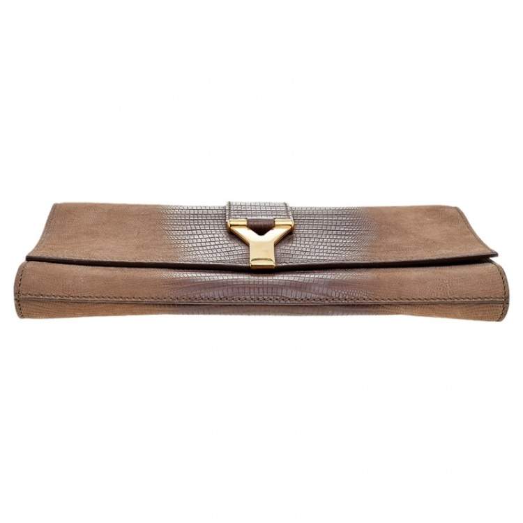 Pre Owned Yves Saint Laurent Brown Lizard Embossed Leather Y-Ligne Clutch
