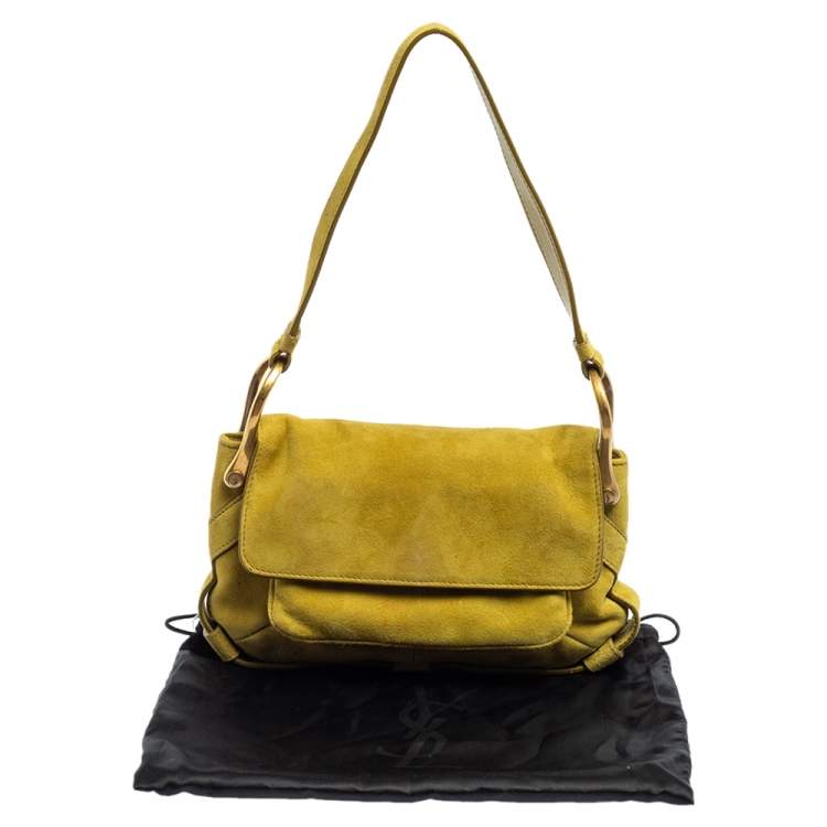 Pre Owned Yves Saint Laurent Green Suede Flap Shoulder Bag