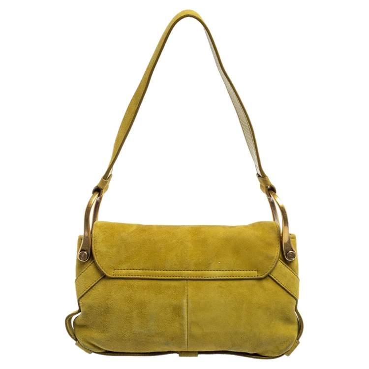 Pre Owned Yves Saint Laurent Green Suede Flap Shoulder Bag
