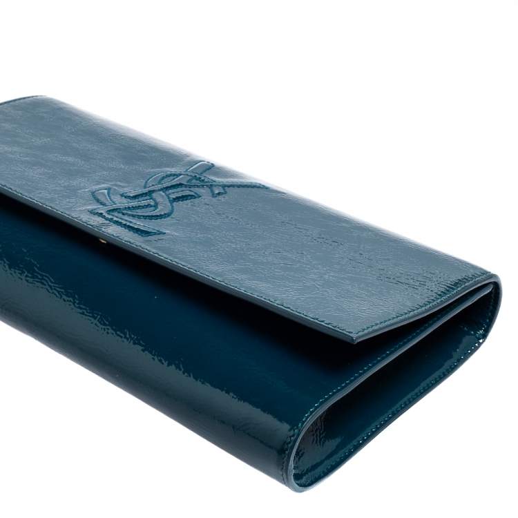 Pre Owned Yves Saint Laurent Teal Blue Patent Leather Belle De Jour Flap Clutch
