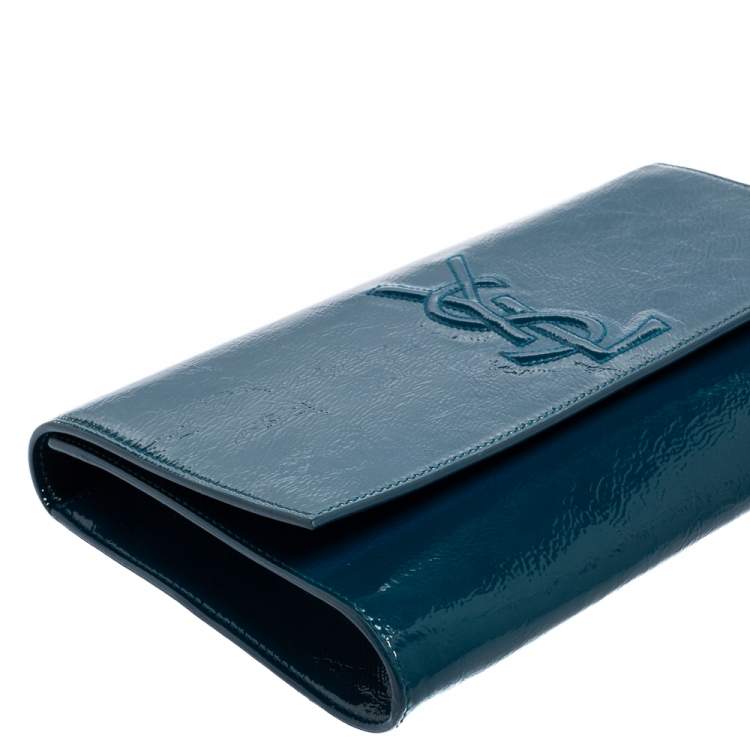 Pre Owned Yves Saint Laurent Teal Blue Patent Leather Belle De Jour Flap Clutch