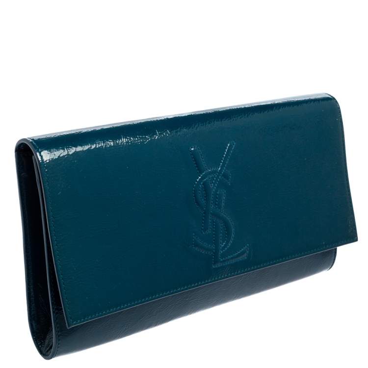 Pre Owned Yves Saint Laurent Teal Blue Patent Leather Belle De Jour Flap Clutch
