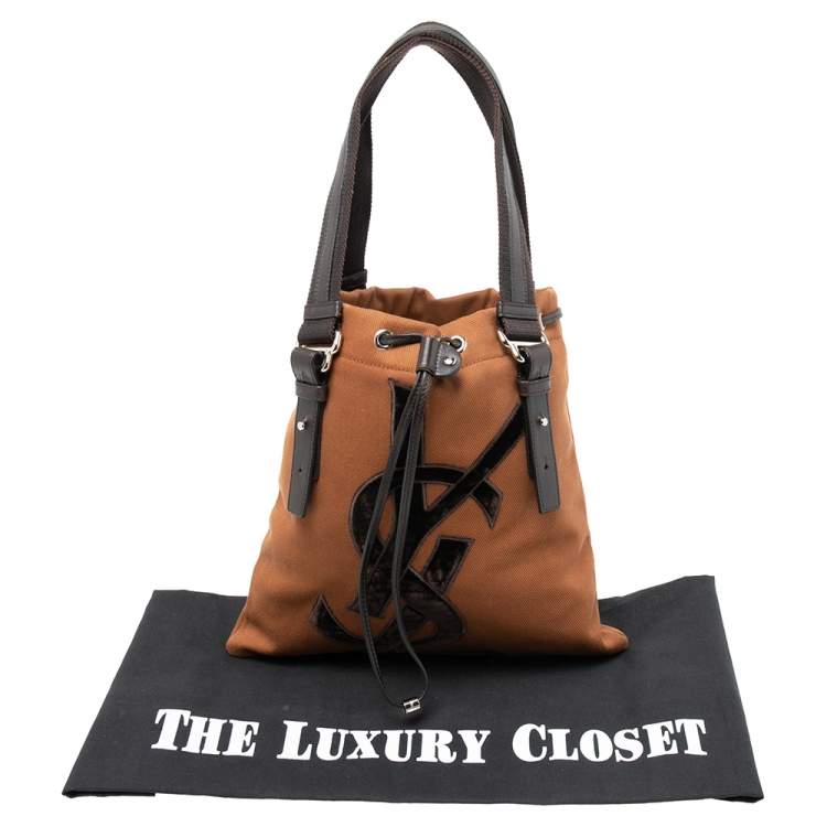 Pre Owned Yves Saint Laurent Brown Canvas and Velvet Drawstring Kahala Tote
