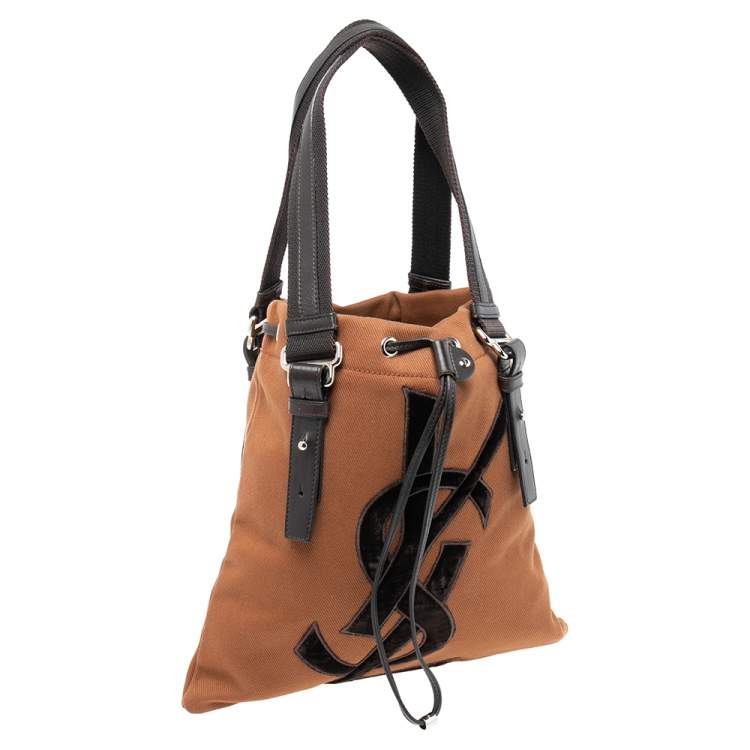 Pre Owned Yves Saint Laurent Brown Canvas and Velvet Drawstring Kahala Tote