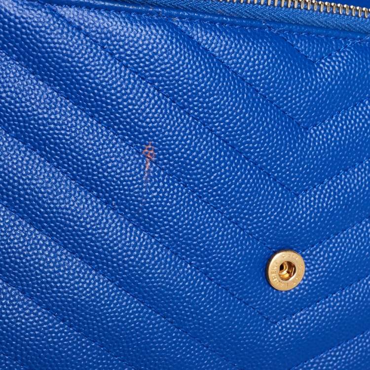 Pre Owned Saint Laurent Blue Matelassé Leather Monogram Envelope Wallet on Chain