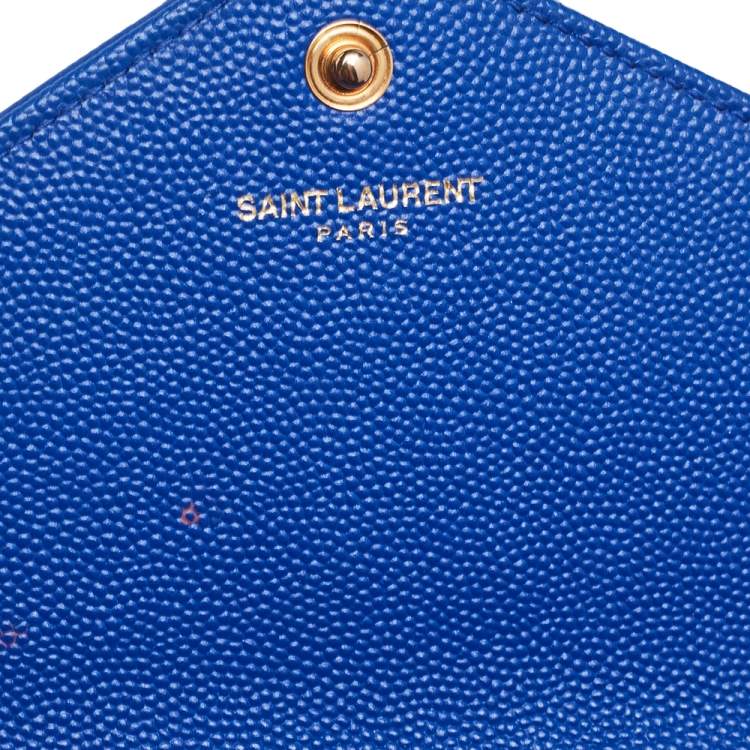 Pre Owned Saint Laurent Blue Matelassé Leather Monogram Envelope Wallet on Chain