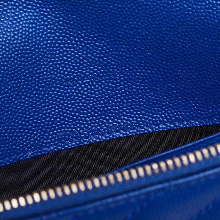 Pre Owned Saint Laurent Blue Matelassé Leather Monogram Envelope Wallet on Chain