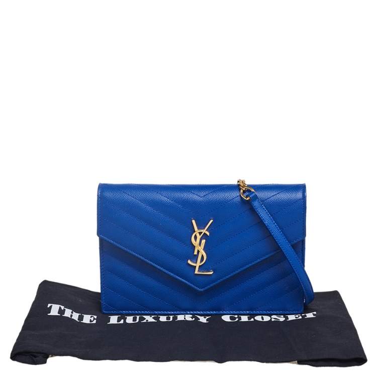Pre Owned Saint Laurent Blue Matelassé Leather Monogram Envelope Wallet on Chain