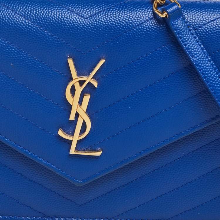 Pre Owned Saint Laurent Blue Matelassé Leather Monogram Envelope Wallet on Chain