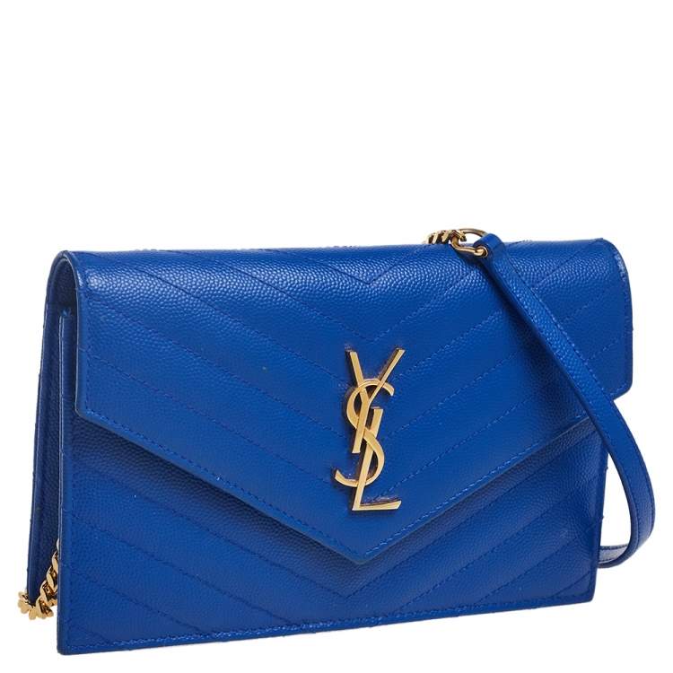 Pre Owned Saint Laurent Blue Matelassé Leather Monogram Envelope Wallet on Chain