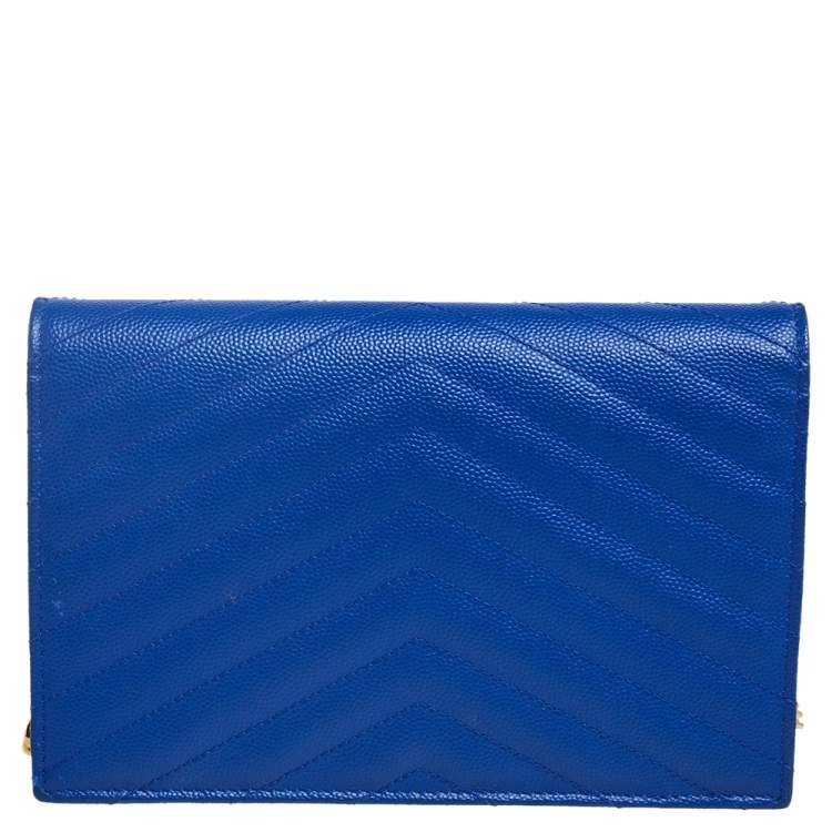 Pre Owned Saint Laurent Blue Matelassé Leather Monogram Envelope Wallet on Chain