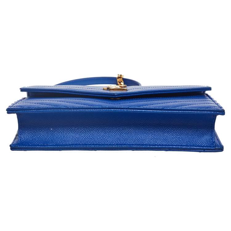 Pre Owned Saint Laurent Blue Matelassé Leather Monogram Envelope Wallet on Chain