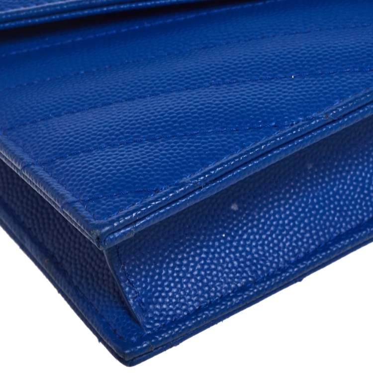Pre Owned Saint Laurent Blue Matelassé Leather Monogram Envelope Wallet on Chain