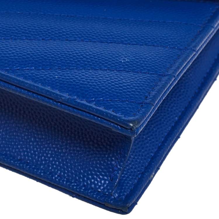 Pre Owned Saint Laurent Blue Matelassé Leather Monogram Envelope Wallet on Chain