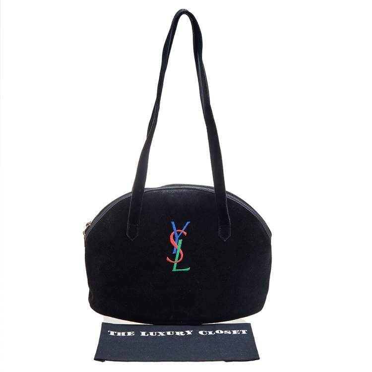 Pre Owned Yves Saint Laurent Black Suede And Leather YSL Embroidered Satchel