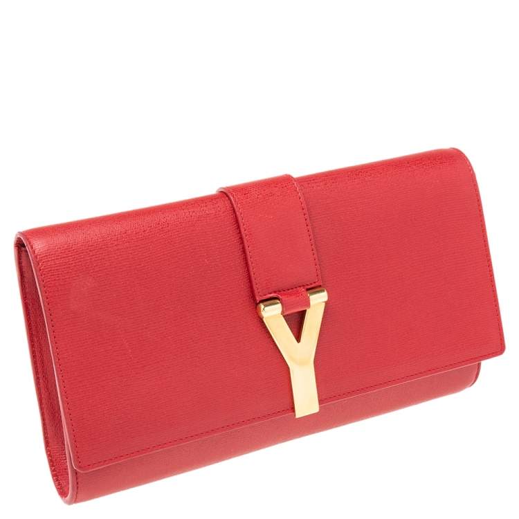 Pre Owned Yves Saint Laurent Red Textured Leather Y-Ligne Clutch