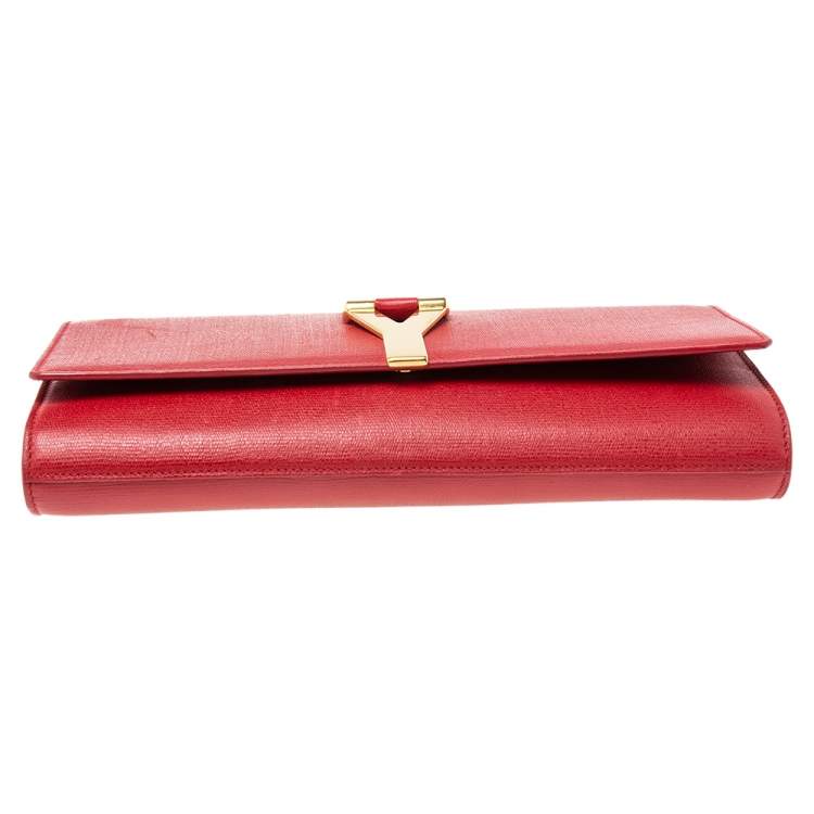 Pre Owned Yves Saint Laurent Red Textured Leather Y-Ligne Clutch