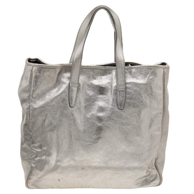 Pre Owned Yves Saint Laurent Metallic Silver Leather Large Y Mail Tote