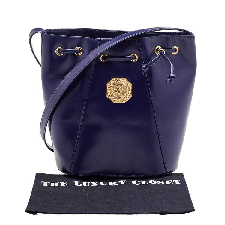 Pre Owned Yves Saint Laurent Blue Leather Vintage Drawstring Bucket Bag