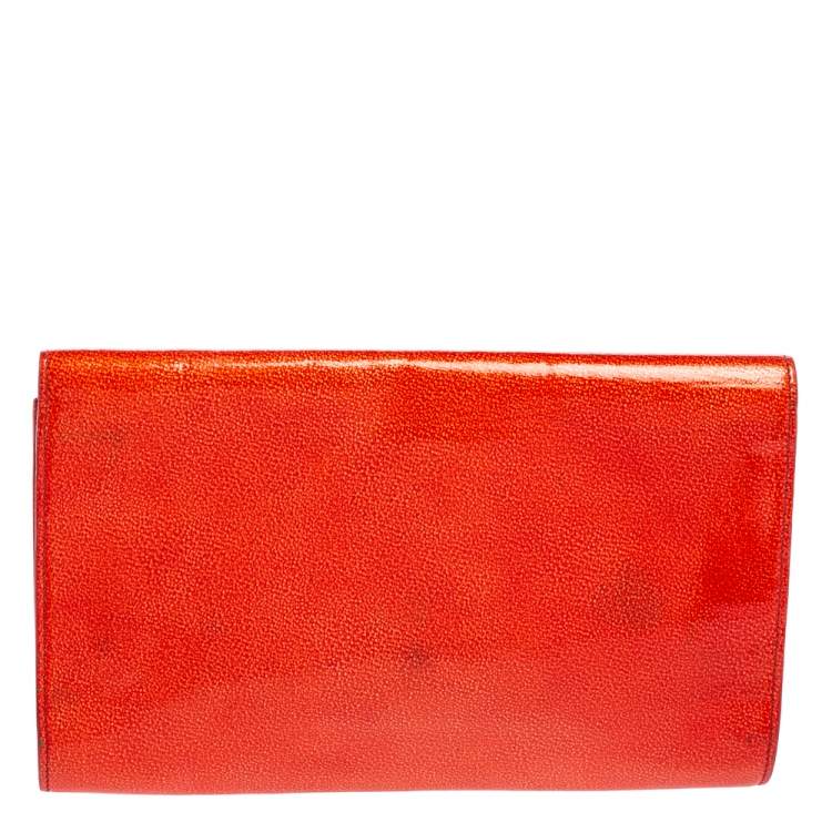 Pre Owned Yves Saint Laurent Orange Textured Patent Leather Belle De Jour Flap Clutch
