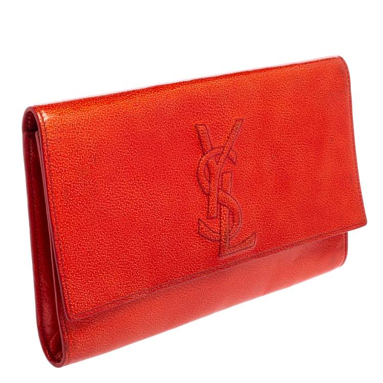 Pre Owned Yves Saint Laurent Orange Textured Patent Leather Belle De Jour Flap Clutch