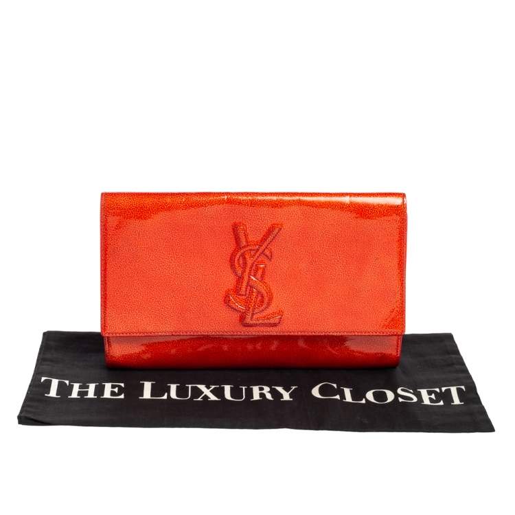 Pre Owned Yves Saint Laurent Orange Textured Patent Leather Belle De Jour Flap Clutch
