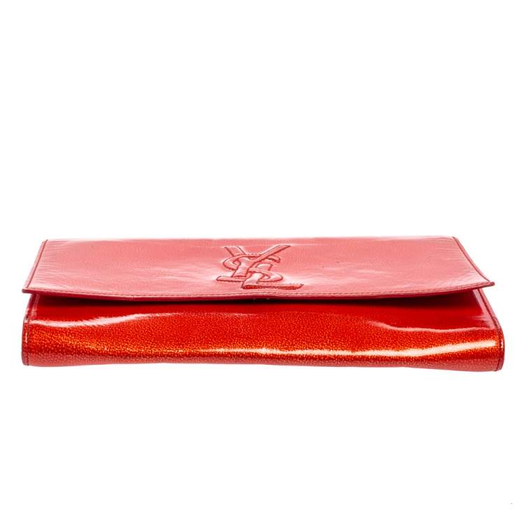 Pre Owned Yves Saint Laurent Orange Textured Patent Leather Belle De Jour Flap Clutch
