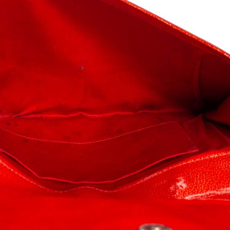 Pre Owned Yves Saint Laurent Orange Textured Patent Leather Belle De Jour Flap Clutch