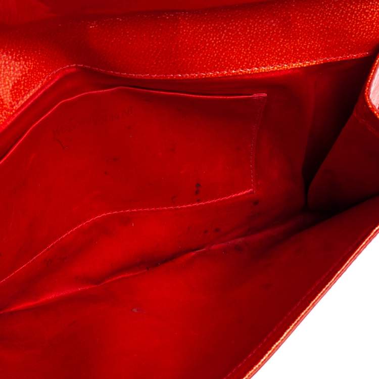 Pre Owned Yves Saint Laurent Orange Textured Patent Leather Belle De Jour Flap Clutch