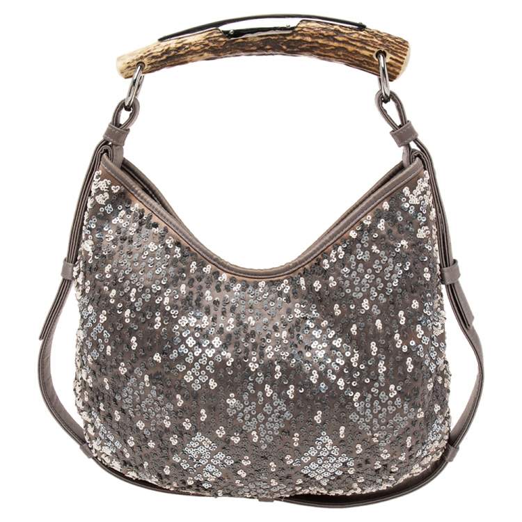 مملوكة مسبقًا Yves Saint Laurent Grey Sequins And Satin Mombasa Horn Hobo