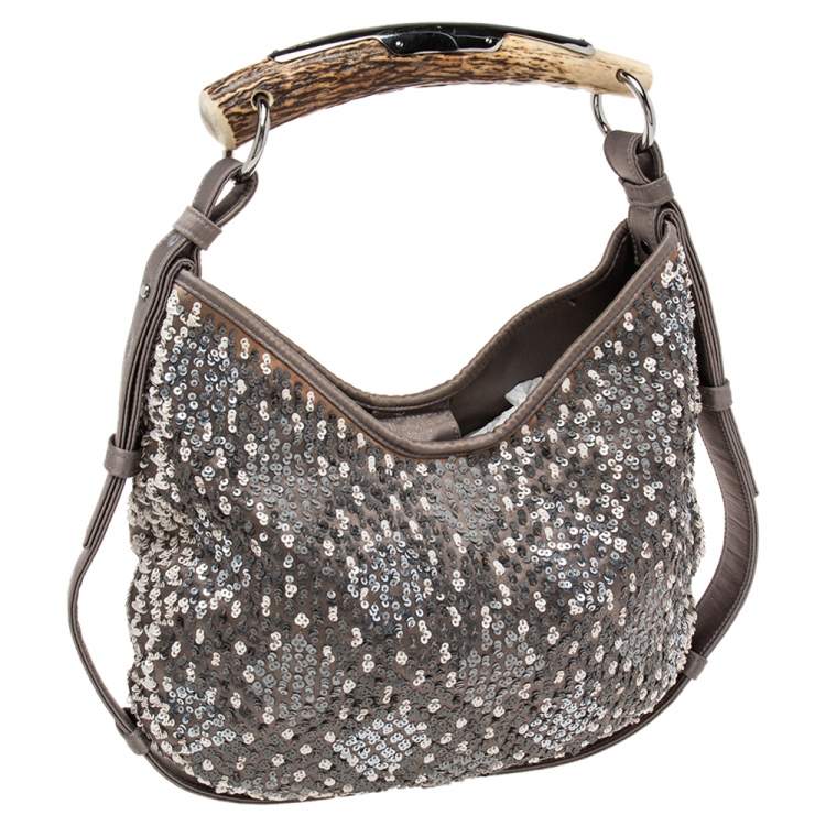 مملوكة مسبقًا Yves Saint Laurent Grey Sequins And Satin Mombasa Horn Hobo