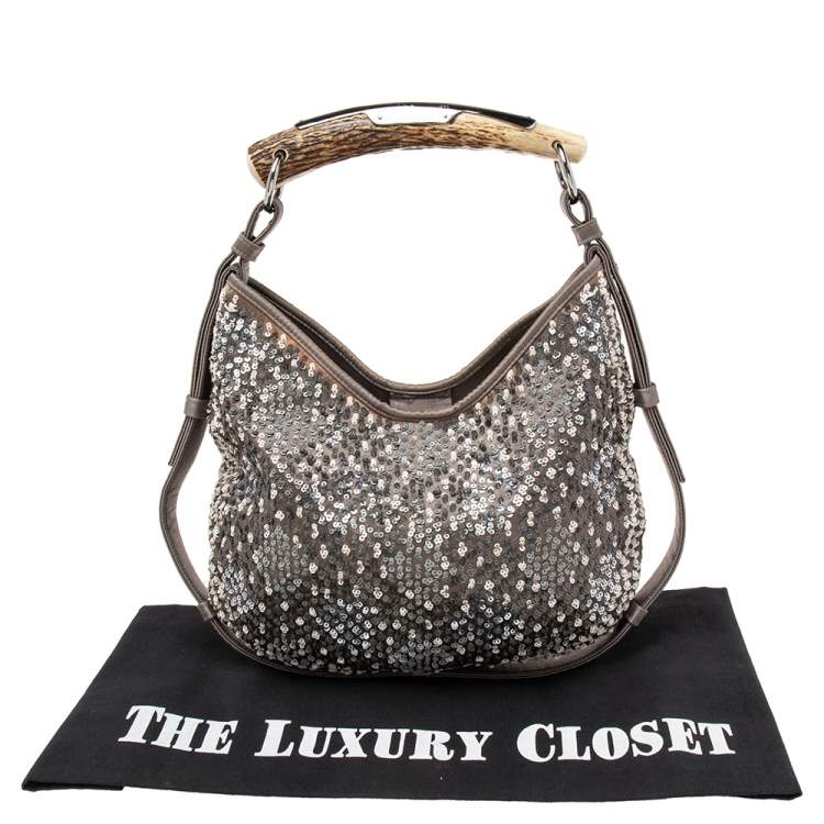 مملوكة مسبقًا Yves Saint Laurent Grey Sequins And Satin Mombasa Horn Hobo