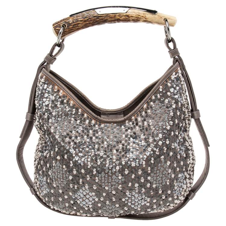 مملوكة مسبقًا Yves Saint Laurent Grey Sequins And Satin Mombasa Horn Hobo