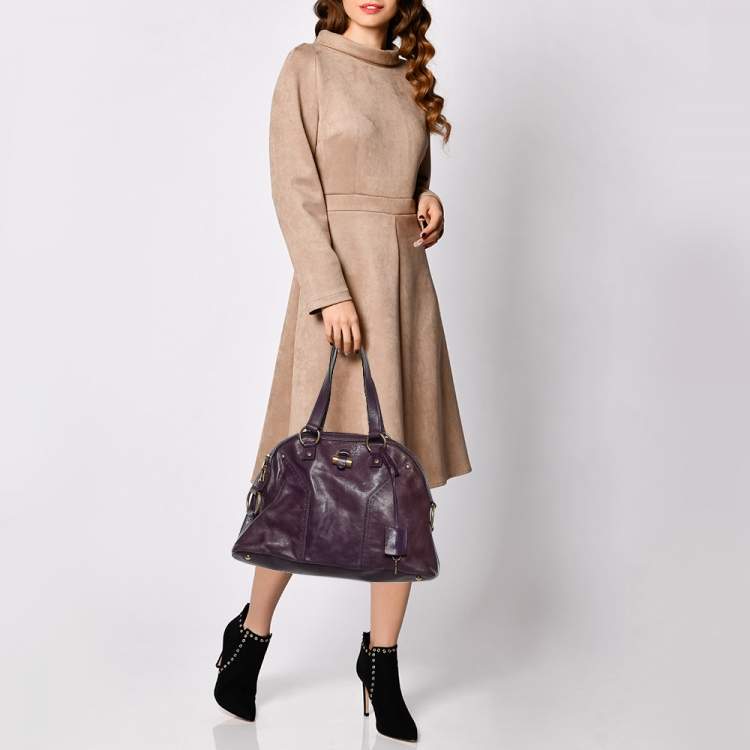 Pre Owned Yves Saint Laurent Purple Leather Oversized Muse Bag