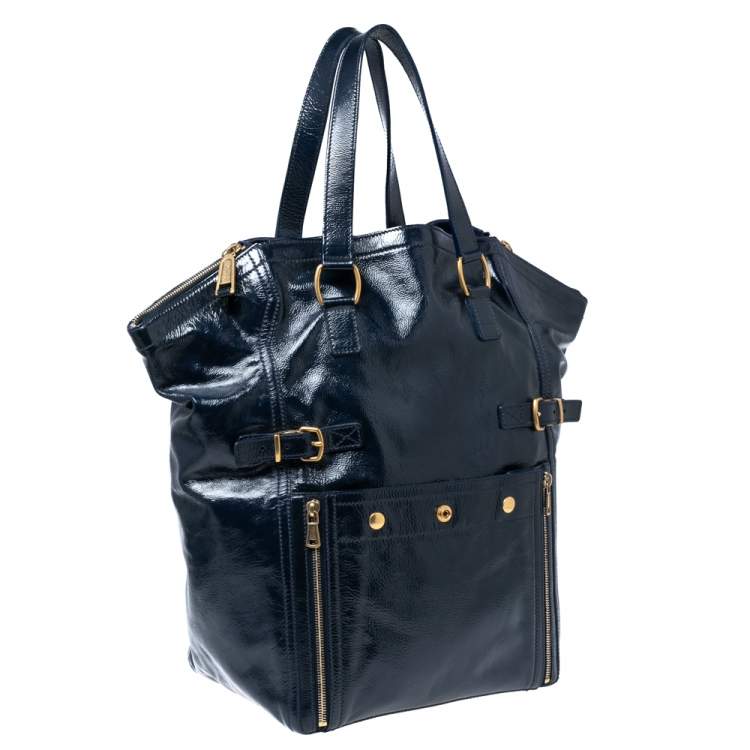 Pre Owned Yves Saint Laurent Navy Blue Patent Leather Downtown Tote