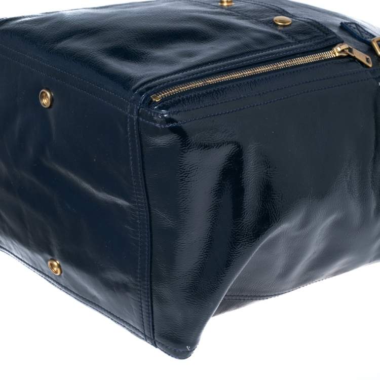 Pre Owned Yves Saint Laurent Navy Blue Patent Leather Downtown Tote