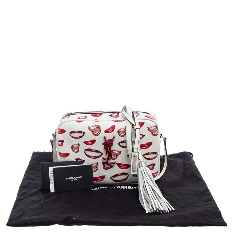 Pre Owned Yves Saint Laurent White/Red Grain De Poudre Lips Print Leather Medium Camera Bag