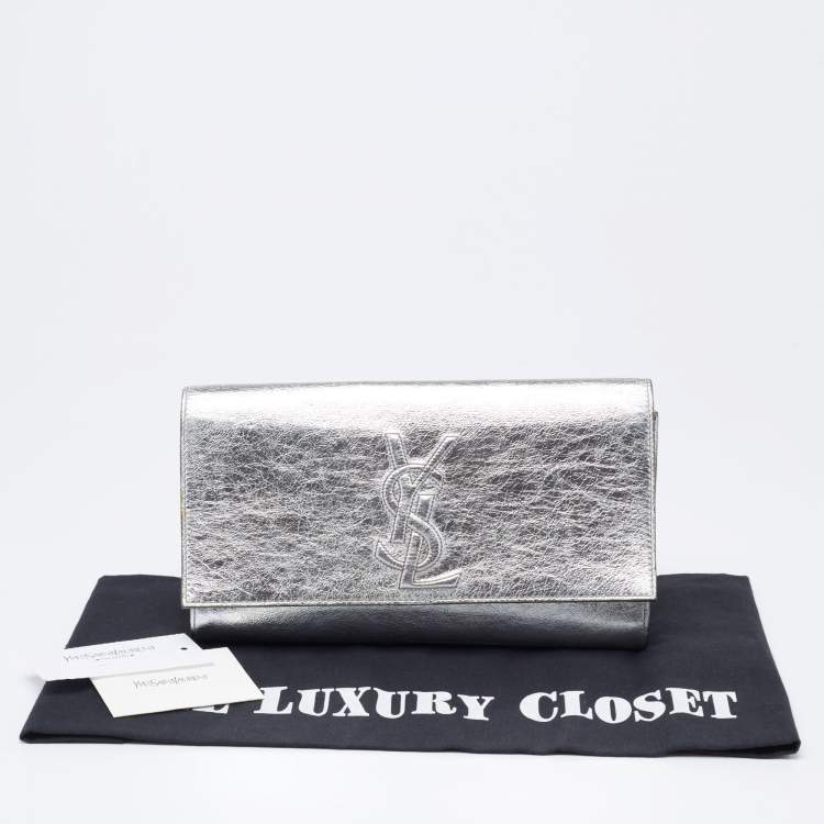 Pre Owned Yves Saint Laurent Metallic Silver Leather Belle De Jour Flap Clutch