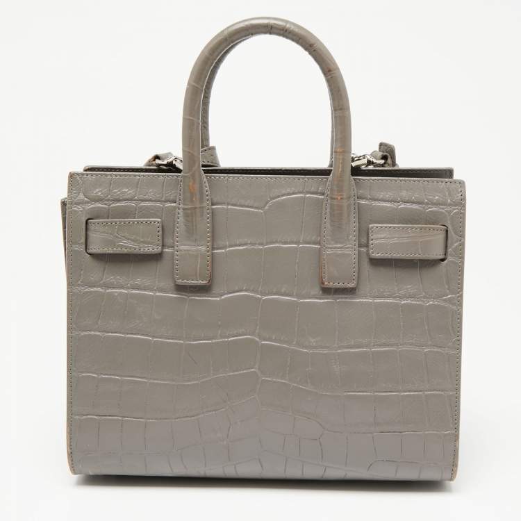 Pre Owned Saint Laurent Grey Croc Embossed Leather Nano Classic Sac De Jour Tote