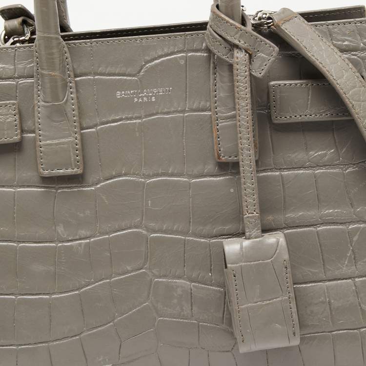 Pre Owned Saint Laurent Grey Croc Embossed Leather Nano Classic Sac De Jour Tote