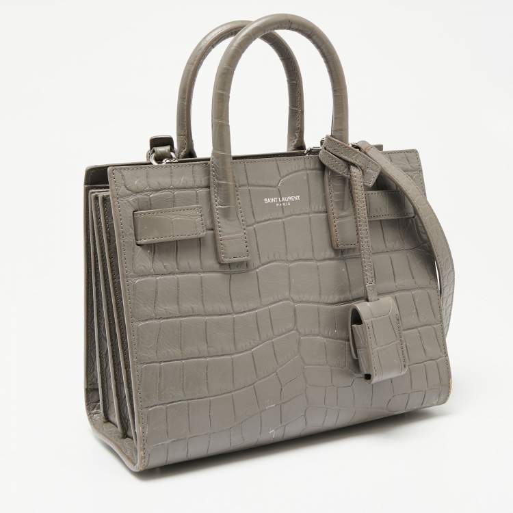 Pre Owned Saint Laurent Grey Croc Embossed Leather Nano Classic Sac De Jour Tote