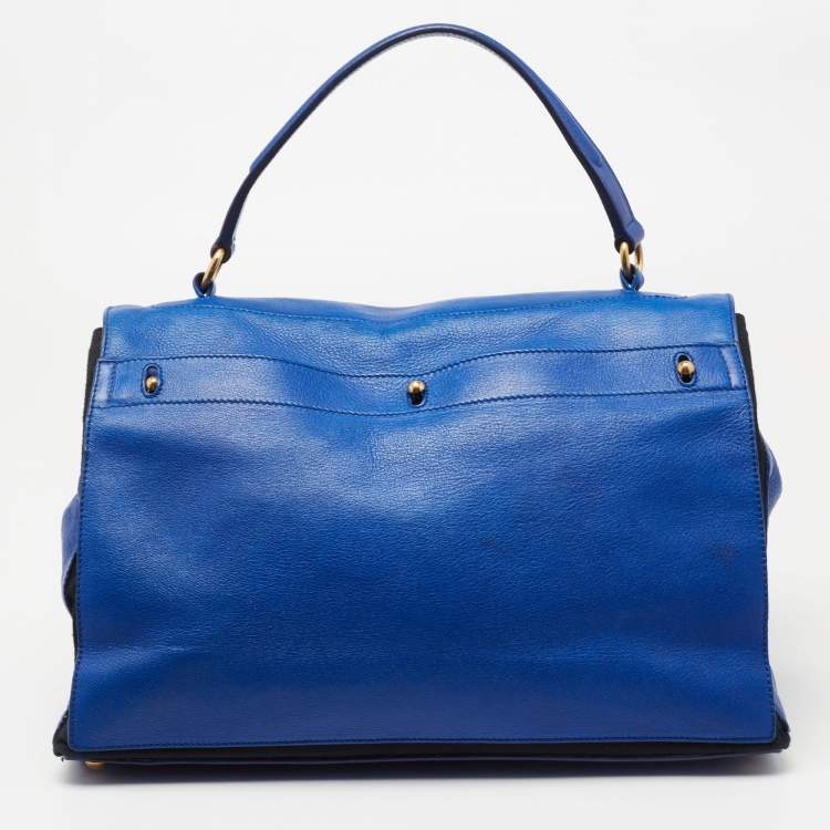 Pre Owned Yves Saint Laurent Blue/Black Leather and Canvas Large Muse Two Top Handle Bag