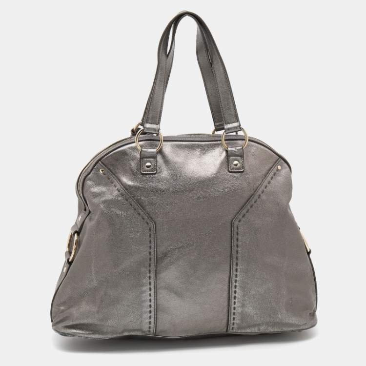 Pre Owned Yves Saint Laurent Metallic Grey Leather Large Muse Satchel