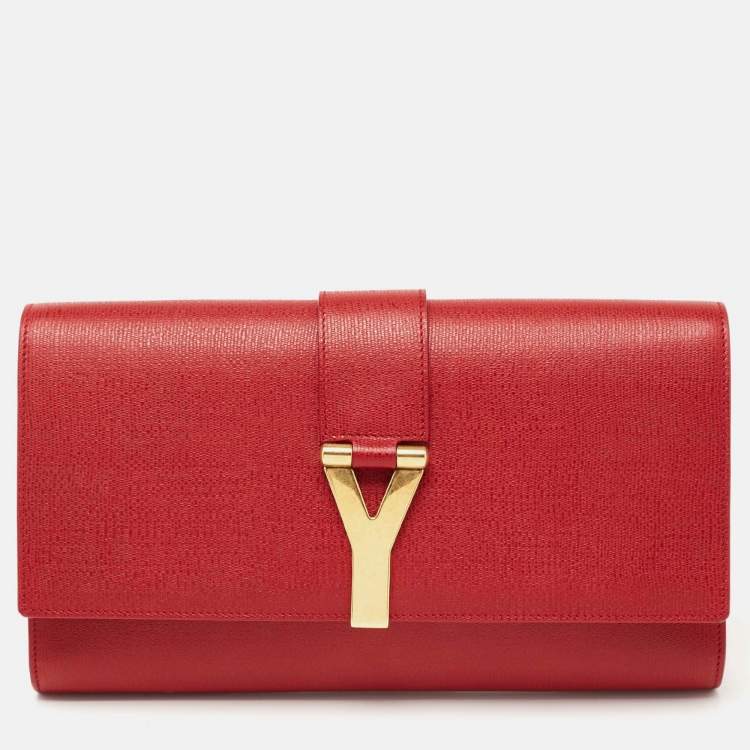 Pre Owned Yves Saint Laurent Red Textured Leather Y-Ligne Clutch
