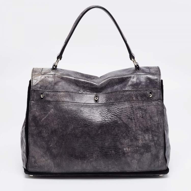 Pre Owned Yves Saint Laurent Grye/Black Glossy Leather and Suede Medium Muse Two Top Handle Bag