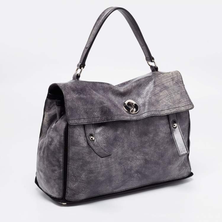 Pre Owned Yves Saint Laurent Grye/Black Glossy Leather and Suede Medium Muse Two Top Handle Bag