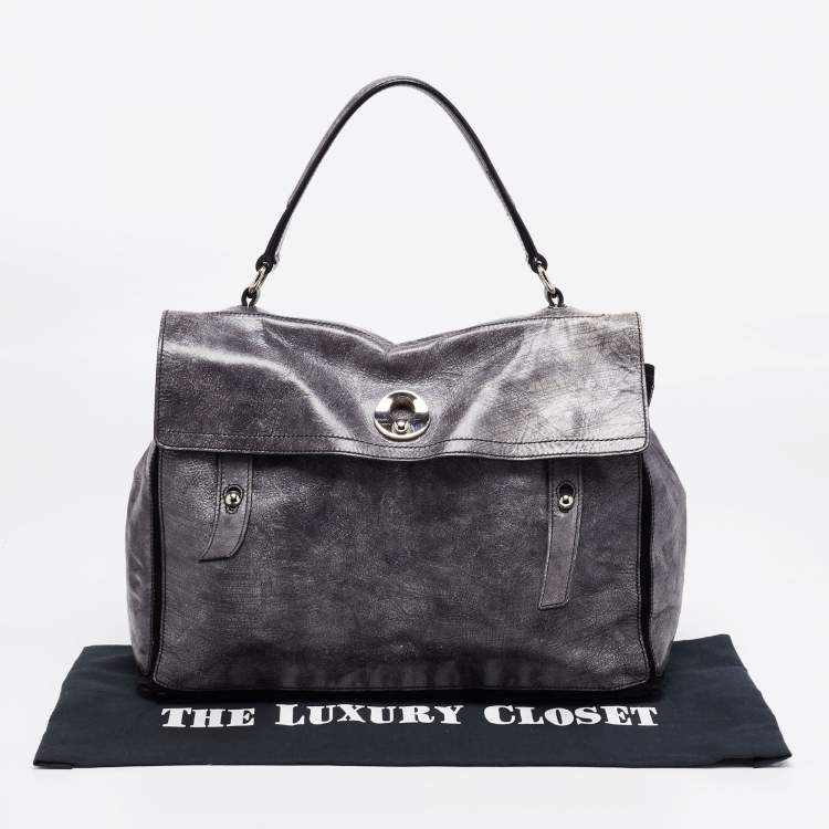 Pre Owned Yves Saint Laurent Grye/Black Glossy Leather and Suede Medium Muse Two Top Handle Bag